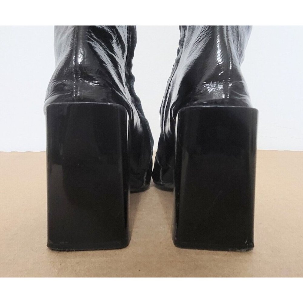 Topshop Black Patent Leather Boots Womens Size 38 Chunky Block Heel Retro - Picture 8 of 14